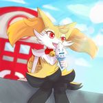  &lt;3 2017 anthro bell braixen canine fan_character female fortuna_(unknownlifeform) fur heart_nose inner_ear_fluff mammal nintendo open_mouth orange_fur pok&eacute;mon red_eyes sitting stick sun unknownlifeform vanillish video_games white_fur yellow_fur 