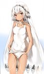  altera_(fate) ass_visible_through_thighs bad_id bad_pixiv_id breasts choker covered_navel dark_skin eyebrows_visible_through_hair fate/grand_order fate_(series) gradient gradient_background highres looking_at_viewer medium_breasts one-piece_swimsuit pink_eyes school_swimsuit short_hair silver_(chenwen) simple_background solo swimsuit tattoo veil white_hair white_school_swimsuit white_swimsuit 