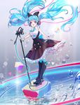  black_bow black_footwear blue_bow blue_eyes blue_hair blue_neckwear blue_ribbon boots bow floating_hair full_body gloves hair_bow hatsune_miku headphones high_heel_boots high_heels highres knee_boots long_hair looking_at_viewer magical_mirai_(vocaloid) microphone_stand necktie pantyhose ribbon shirt signature sleeveless sleeveless_shirt solo standing tbag twintails very_long_hair vocaloid white_gloves white_legwear white_shirt 