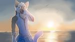  african_wild_dog blue_eyes canine clothed clothing day frostbite-wolamute_(artist) looking_away makoa male mammal open_mouth outside partially_clothed sea solo sunset swimsuit topless water 