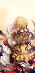  absurdres aki663 bangs blonde_hair blue_eyes braid breasts briar_rose_(sinoalice) brown_dress crown_braid dress eye_contact eyebrows_visible_through_hair frilled_dress frills gloves gold_dress grabbing highres long_sleeves looking_at_another medium_breasts multiple_girls parted_lips short_hair silver_hair sinoalice snow_white_(sinoalice) tears thorns white_dress yellow_background yuri 