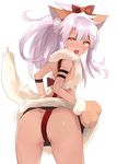  :d absurdres animal_ears arched_back armband ass bangs bell blush bow cat_ears chloe_von_einzbern cowboy_shot dark_skin eyebrows_visible_through_hair fang fate/kaleid_liner_prisma_illya fate_(series) feather_boa from_behind fur_trim gloves hair_bell hair_bow hair_ornament highres jingle_bell long_hair looking_at_viewer looking_back natsu_(sinker8c) open_mouth paw_gloves paws pink_hair sidelocks simple_background skirt skirt_lift smile solo standing white_background white_hair yellow_eyes 