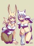  :3 animal_ears arm_support artist_name bangs bell bell_collar bikini black_legwear blonde_hair blue_eyes breasts brown_eyes bunny_ears bunny_tail bunnysuit cat_ears cat_feet cat_paws cat_tail cleavage collar eyebrows_visible_through_hair fairy_tail full_body fur_bikini fur_coat fur_trim grey_background jingle_bell kemonomimi_mode kneeling large_breasts leotard lisanna_strauss long_hair looking_at_viewer lucy_heartfilia mashima_hiro multiple_girls navel one_knee pantyhose paw_pose paws pose reaching_out shiny shiny_skin short_hair sidelocks smile straight_hair swimsuit tail white_hair wrist_cuffs wristband 