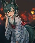  animal_ears bangs bee_(deadflow) blue_hair blue_kimono blush breath brown_eyes extra_ears eyebrows_visible_through_hair fang floral_print fox_ears fox_tail hair_tucking half-closed_eyes hand_up hexagon japanese_clothes kimono leaning_forward lens_flare looking_at_viewer nose_blush open_mouth original sidelocks smile solo tail tied_hair wide_sleeves 