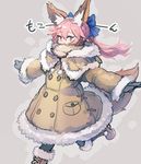  animal_ears bangs bee_(deadflow) black_legwear blue_bow boots bow capelet coat commentary_request covered_mouth eyebrows_visible_through_hair fate/extra fate_(series) fox_ears fox_tail fur-trimmed_boots fur_trim grey_background hair_between_eyes hair_bow hair_flaps knee_boots long_hair looking_at_viewer orange_eyes outstretched_arms pantyhose ponytail sidelocks simple_background snow_boots solo tail tamamo_(fate)_(all) tamamo_no_mae_(fate) tsurime walking winter_clothes winter_coat 