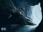  ambiguous_gender blue_eyes cave detailed_background dragon feral fur furred_dragon glowing glowing_eyes lying solo tatiilange water white_fur 