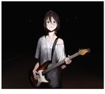  bangs brown_eyes brown_hair commentary dark_background guitar hair_between_eyes holding holding_instrument instrument looking_at_viewer off_shoulder parted_lips rr_(suisse200) shirt short_hair short_sleeves solo standing upper_body white_shirt 