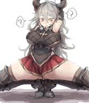  armor armpits ass_visible_through_thighs bangs bee_(deadflow) boots breasts commentary_request draph elbow_gloves gloves granblue_fantasy grey_hair hair_between_eyes horns large_breasts long_hair skirt spread_legs squatting thalatha_(granblue_fantasy) thigh_boots thighhighs 