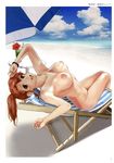  :d absurdres arai_kei arched_back areolae arm_up artist_name beach beach_umbrella blue_sky bracelet breasts brown_eyes brown_hair chair cloud cloudy_sky day flower hibiscus highres horizon jewelry large_areolae large_breasts long_hair looking_at_viewer looking_up lounge_chair lying nipples nude on_back open_mouth outdoors page_number ponytail scan sky smile solo toranoana tropical_drink umbrella 