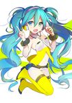  absurdres aqua_eyes aqua_hair bracelet hatsune_miku headphones highres index_finger_raised jewelry jumping long_hair looking_at_viewer navel omucchan_(omutyuan) open_mouth solo thighhighs twintails vocaloid white_background yellow_(vocaloid) yellow_legwear 