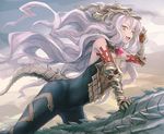  :d bangs bee_(deadflow) bodysuit covered_navel dragon_riding fang floating_hair gauntlets granblue_fantasy grey_hair hand_up hips long_hair looking_at_viewer mask medusa_(shingeki_no_bahamut) open_mouth outdoors red_eyes riding shingeki_no_bahamut silver_hair smile solo tail thighs very_long_hair 