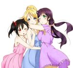  asymmetrical_docking ayase_eli black_hair blonde_hair blue_dress blue_eyes blush bow breast_press breasts cleavage collarbone dress eyebrows_visible_through_hair floating_hair green_eyes hair_between_eyes hair_bow hair_ornament hair_scrunchie high_ponytail hug kuro_neko_(artist) large_breasts long_hair looking_at_viewer love_live! love_live!_school_idol_project medium_breasts multiple_girls one_eye_closed pink_dress purple_dress purple_hair red_bow red_eyes scrunchie simple_background sleeveless sleeveless_dress smile standing toujou_nozomi twintails white_background white_scrunchie yazawa_nico 