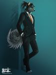  4_toes anthro black_hair black_nose canine clothed clothing dog fur grey_fur hair mammal simple_background solo tatiilange toes 