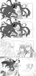  1girl 4koma androgynous arabian_clothes artist_request bull chasing chewing_gum comic earrings enkidu_(fate/strange_fake) fate/grand_order fate/stay_night fate/strange_fake fate_(series) gilgamesh gilgamesh_(caster)_(fate) greyscale ground_vehicle gugalanna hair_ribbon highres ishtar_(fate/grand_order) ishtar_(swimsuit_rider)_(fate) jewelry long_hair looking_at_viewer monochrome motor_vehicle necklace open_mouth ribbon robe scooter short_hair silent_comic thighhighs trolling 