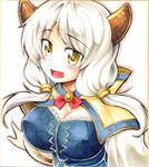  breasts camieux capelet draph fuyuzora granblue_fantasy highres horns large_breasts looking_at_viewer marker_(medium) photo shikishi silver_hair smile traditional_media wide_sleeves yellow_eyes 