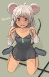  animal_ears bangs capelet character_name collarbone dress full_body grey_dress grey_hair highres long_sleeves looking_at_viewer medium_hair mouse_ears mouse_tail nazrin permanentlow red_eyes shoes short_dress sitting solo tail tareme tears touhou wariza 