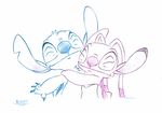 2014 absurd_res alien angel_(lilo_and_stitch) antennae back_markings blue_claws blue_fur blue_nose chest_markings chest_tuft claws colored_pencil_(artwork) colored_sketch disney duo english_text experiment_(species) eyes_closed fur happy head_tuft hi_res hug lilo_and_stitch markings notched_ear patrick_sierra pink_fur pink_nose romantic_couple signature small_tail smile stitch text traditional_media_(artwork) tuft 
