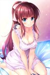  animal animal_on_shoulder bangs barefoot between_legs blue_eyes blunt_bangs blush breasts cleavage closed_mouth collarbone eyebrows_visible_through_hair hair_ribbon hand_between_legs hedgehog highres long_hair looking_at_viewer medium_breasts mole mole_on_breast new_game! nightgown pasdar ponytail purple_hair ribbon sidelocks sitting smile solo soujirou_(new_game!) takimoto_hifumi underwear underwear_only very_long_hair wariza 