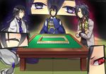  black_hair blue_eyes closed_eyes crossed_arms gradient_hair indian_style japanese_clothes juzumaru_tsunetsugu kurarin long_hair looking_at_viewer low-tied_long_hair mahjong male_focus mikazuki_munechika multicolored_hair multiple_boys oodenta_mitsuyo red_eyes sayagata seiza sitting smile table touken_ranbu very_long_hair white_hair 