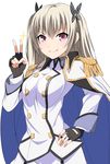  &gt;:) absurdres black_gloves epaulettes eyebrows_visible_through_hair fingerless_gloves gloves hair_between_eyes hair_ornament hal-bard hand_on_hip highres long_hair looking_at_viewer military military_uniform qualidea_code red_eyes silver_hair simple_background smile solo standing tenkawa_maihime uniform v v-shaped_eyebrows white_background 