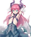  armpits arms_up bangs bee_(deadflow) black_skirt blush corset cowboy_shot detached_sleeves dragon_horns dragon_tail elizabeth_bathory_(fate) elizabeth_bathory_(fate)_(all) eyebrows_visible_through_hair fang fate/extra fate/extra_ccc fate_(series) flat_chest half-closed_eyes highres horns long_hair nose_blush open_mouth purple_hair sidelocks skirt smile solo sweat tail tsurime 