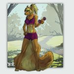  anthro barefoot blonde_hair breasts brown_nose canine detailed_background digitigrade female fur green_eyes hair hi_res mammal midriff navel orange_fur solo standing tatiilange 