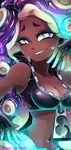  aqua_eyes aqua_hair aqua_skin arched_back arm_at_side armpit_peek artist_name bare_arms bare_shoulders bioluminescence black_gloves black_vest breasts cephalopod_eyes cleavage collarbone collared_vest commentary_request crop_top cropped_vest dark_skin fingerless_gloves gloves glowing glowing_hair glowing_hand glowing_skin grin half-closed_eyes hand_up headphones high_collar highres iida_(splatoon) invidiata lips long_hair looking_at_viewer medium_breasts midriff mole mole_under_mouth multicolored multicolored_hair multicolored_skin navel navel_piercing octarian parted_lips piercing pink_pupils pose purple_hair smile solo sparkle splatoon_(series) splatoon_2 stomach suction_cups tentacle_hair unzipped upper_body vest zipper zipper_pull_tab 
