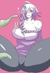  1girl bare_shoulders blue_eyes blush breasts drill_hair hair_over_one_eye large_breasts long_hair off-shoulder_sweater purple_hair solo sweater sweater_dress tentacle zone-tan 