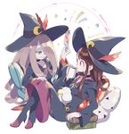  brown_hair commentary dress hair_over_one_eye hat kagari_atsuko komoreg little_witch_academia long_hair multiple_girls open_mouth pale_skin pink_hair purple_hair red_eyes short_hair simple_background smile sucy_manbavaran witch witch_hat yuri 