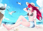  adjusting_hair alternate_costume arm_support bangs barefoot beach bikini bikini_under_clothes bird black_bikini bracelet breasts cleavage cloud crimson_avenger_(elsword) day elesis_(elsword) elsword feet from_side full_body hand_on_headwear hat highres jewelry large_breasts legs long_hair looking_to_the_side ocean open_clothes open_shorts outdoors red_eyes red_hair seagull seashell see-through shell shiliuye_feiyu shirt shorts sitting sky sleeves_rolled_up soles solo straw_hat sun_hat swimsuit tied_shirt toes torn_clothes torn_shorts waving wet wind 
