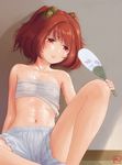  bangs bare_shoulders bell bloomers collarbone commentary_request fan hair_bell hair_ornament half-closed_eyes holding holding_fan jingle_bell kitano_(kitanosnowwhite) knee_up motoori_kosuzu navel paper_fan parted_lips red_eyes red_hair sarashi shiny shiny_hair shiny_skin short_hair sitting solo sweat tareme touhou uchiwa underwear underwear_only 