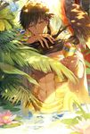  abs bird bishounen bracelet branch brown_eyes brown_hair cape commentary_request earrings egyptian egyptian_clothes ekita_xuan fate_(series) flower glint goblet gold_trim hawk highres holding jewelry lily_pad looking_at_viewer male_focus muscle nature navel outdoors ozymandias_(fate) smile solo tree water waterfall 