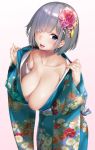  1girl :d blue_eyes blue_kimono blush breasts cleavage collarbone eyebrows_visible_through_hair eyes_visible_through_hair fingernails floral_print flower hair_flower hair_ornament hair_over_one_eye hamakaze_(kantai_collection) hands_up hanging_breasts highres japanese_clothes kantai_collection kimono large_breasts leaning_forward long_sleeves looking_at_viewer nail_polish nironiro open_clothes open_kimono open_mouth pink_background pink_nails short_hair silver_hair simple_background smile solo standing upper_body white_background wide_sleeves 