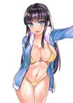  bangs bikini black_hair blue_eyes blue_jacket blunt_bangs breasts jacket large_breasts leaning_forward looking_at_viewer open_mouth original side-tie_bikini simple_background smile solo swimsuit wanruo_jifeng white_background yellow_bikini 