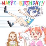  :d arisugawa_himari blue_hair blue_shirt brown_hair food food_themed_hair_ornament hair_ornament happy happy_birthday in_the_face kirakira_precure_a_la_mode long_hair looking_at_viewer multiple_girls open_mouth paper_plate pie pie_in_face precure red_eyes red_hair shirt shorts skirt smile tategami_aoi thrown_food usami_ichika yuto_(dialique) 