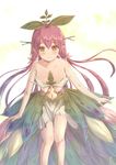  artist_name bare_shoulders blush breasts brown_eyes cleavage closed_mouth collarbone commentary eyebrows_visible_through_hair granblue_fantasy hair_between_eyes highres hikari_niji long_hair looking_at_viewer low_twintails medium_breasts navel pink_hair plant_girl pointy_ears skirt smile solo twintails very_long_hair yggdrasil_(granblue_fantasy) 
