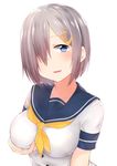  absurdres akky_(akimi1127) blue_eyes blush breasts gloves grabbing_own_breast hair_ornament hair_over_one_eye hairclip hamakaze_(kantai_collection) highres kantai_collection large_breasts looking_at_viewer neckerchief open_mouth sailor_collar school_uniform serafuku shirt short_hair short_sleeves silver_hair simple_background solo white_background white_gloves yellow_neckwear 