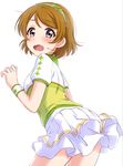  bangs brown_hair cowboy_shot embarrassed eyebrows_visible_through_hair from_behind green_hairband hairband highres koizumi_hanayo looking_at_viewer looking_back love_live! love_live!_school_idol_project open_mouth pleated_skirt puffy_short_sleeves puffy_sleeves sekina short_hair short_sleeves silver_eyes simple_background skirt solo sweatdrop swept_bangs wavy_mouth white_background white_skirt wristband 