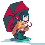  asui_tsuyu black_eyes blush_stickers boku_no_hero_academia boots frog_girl full_body green_footwear green_hair hair_rings imjayu long_hair low-tied_long_hair raincoat rubber_boots simple_background skirt smile solo umbrella white_background 