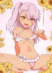  :d arm_behind_back asymmetrical_bangs bangs bare_legs barefoot bikini bikini_lift breasts breath brown_eyes cameltoe chloe_von_einzbern choker clearite cosplay criss-cross_halter dark_skin eyebrows_visible_through_hair fangs fate/kaleid_liner_prisma_illya fate_(series) flower front-tie_bikini front-tie_top hair_bobbles hair_ornament halterneck leaning_back long_hair looking_at_viewer magia_record:_mahou_shoujo_madoka_magica_gaiden mahou_shoujo_madoka_magica navel one_side_up open_mouth pink_bikini pink_hair ribs sitting small_breasts smile solo spread_legs striped striped_bikini swept_bangs swimsuit tamaki_iroha tamaki_iroha_(cosplay) tattoo translation_request underboob wristband 