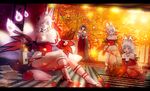  4girls alcohol animal_ears autumn autumn_leaves bottle breasts cleavage commentary cup custom_maid_3d_2 flat_chest fox_ears fox_tail highres hitodama japanese_clothes kitsune large_breasts leaf long_hair miko mother_and_daughter multiple_girls multiple_tails original saiko_psycho sakazuki sake sake_bottle siblings sisters tail tatami twins white_hair 