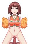  1boy 1girl ;) animated animated_gif belly blush boku_no_hero_academia bottomless bouncing_breasts breasts brown_eyes brown_hair cheerleader cowgirl_position cum cum_in_pussy girl_on_top looking_at_viewer navel pixelated pom_poms pussy sex smile stomach uraraka_ochako vaginal 