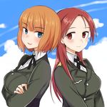  back-to-back blue_eyes brave_witches crossed_arms emirio_(user_wmup5874) gundula_rall highres looking_at_viewer military military_uniform minna-dietlinde_wilcke multiple_girls open_mouth orange_hair red_eyes red_hair smile strike_witches uniform world_witches_series 