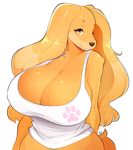  2017 anthro arms_behind big_breasts breasts canine cleavage clothed clothing digital_media_(artwork) dog dogmom english_text eyelashes female fur hair hi_res looking_at_viewer mammal saluki shirt simple_background slightly_chubby smile solo text theycallhimcake white_background 