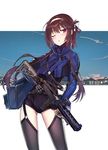  bag blush brown_hair cyborg duffel_bag echj garter_straps girls_frontline gun hairband highres long_hair looking_at_viewer magpul mechanical_arm one_eye_closed red_eyes solo submachine_gun thighhighs type_79_(girls_frontline) type_79_smg weapon 