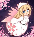  baku-p blonde_hair blue_eyes cherry_blossoms dress fairy fairy_wings floral_print flying hat lily_white long_hair looking_at_viewer open_mouth petals smile solo touhou white_dress wings 