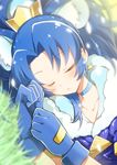  animal_ears blue_choker blue_gloves blue_hair choker crown cure_gelato earrings extra_ears gloves grass jewelry kirakira_precure_a_la_mode lion_ears magical_girl mini_crown open_mouth precure sleeping solo sunlight tategami_aoi yuto_(dialique) 