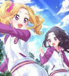  :d aikatsu! aikatsu!_(series) black_hair blonde_hair blue_sky blush breasts cloud cloudy_sky commentary daichi_nono day eyebrows_visible_through_hair hair_ornament hair_scrunchie highres jacket long_hair long_sleeves looking_at_another looking_back medium_hair mole mole_under_eye multiple_girls open_mouth outdoors pink_scrunchie ponytail purple_eyes running scrunchie sekina shirakaba_risa shorts side_ponytail sky small_breasts smile sunlight track_jacket track_suit tree twintails 