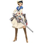  belt blonde_hair blue_eyes boots brown_footwear cannon dress frown full_body gun hammer_and_sickle hat high_heel_boots high_heels holding holding_gun holding_weapon jewelry knee_boots long_sleeves looking_afar looking_away machinery necklace official_art puffy_long_sleeves puffy_sleeves salmon88 short_hair simple_background solo standing star victory_belles voykov_(victory_belles) weapon white_background white_dress 
