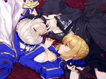  ahoge artoria_pendragon_(all) blonde_hair braid braided_bun breasts cleavage dress dual_persona excalibur fate/stay_night fate_(series) green_eyes hair_bun looking_at_another lying medium_breasts multiple_girls petals rotational_symmetry saber saber_alter silver_hair yamaishi_(mukoubuti) yellow_eyes 